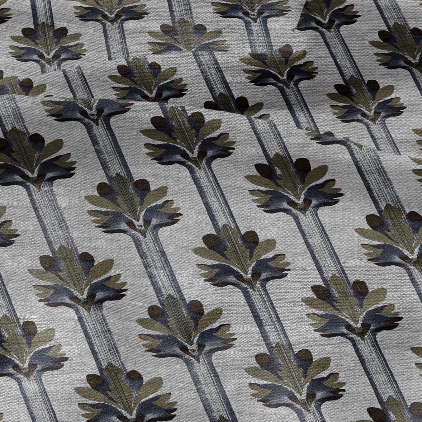 100% LINEN Fabric Art deco floral stripe print - botanical blue gray floral on oatmeal linen - modern vintage 3034