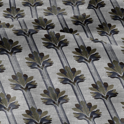 100% LINEN Fabric Art deco floral stripe print - botanical blue gray floral on oatmeal linen - modern vintage 3034