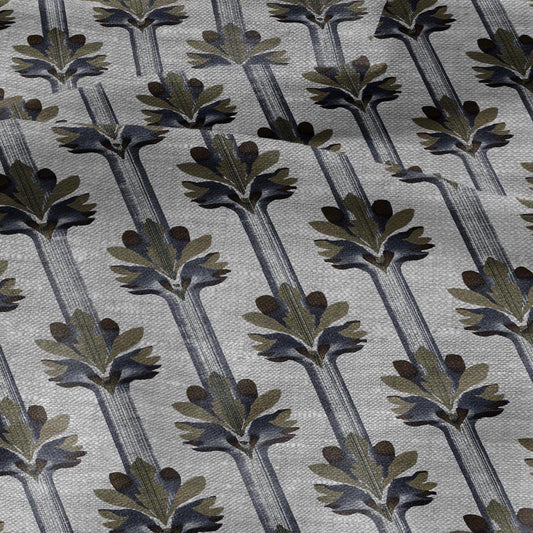 100% LINEN Fabric Art deco floral stripe print - botanical blue gray floral on oatmeal linen - modern vintage 3034