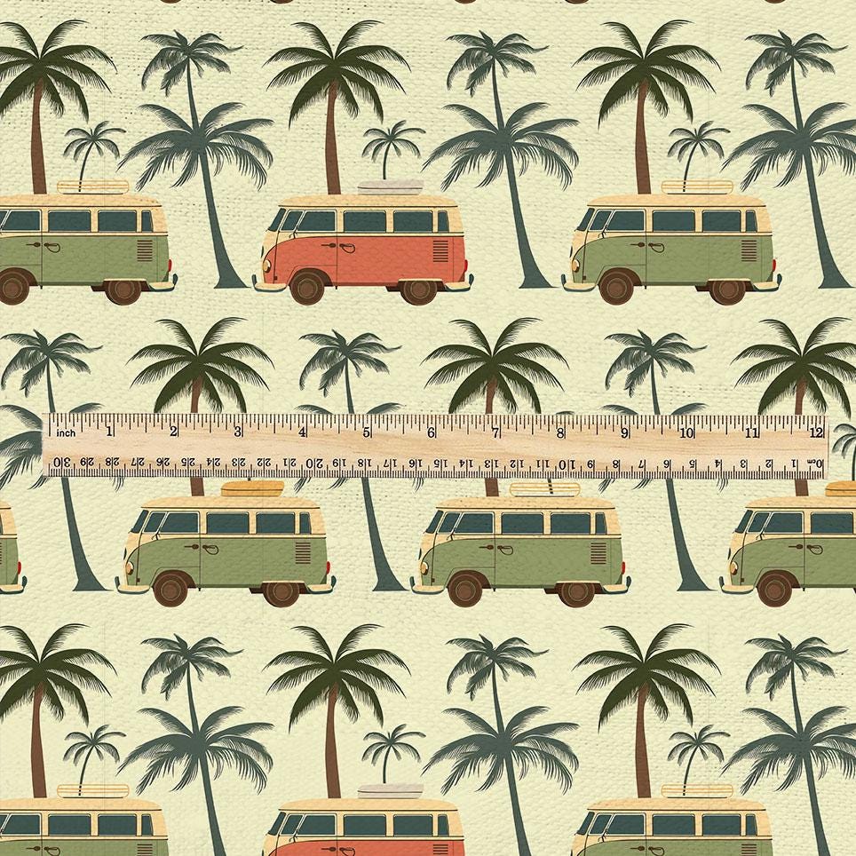 100% linen fabric California Dreaming print - Camper Vans Retro Lifestyle pattern  - Tropical Road Trip Palm tree Summer Vibes 3485