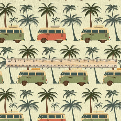 100% linen fabric California Dreaming print - Camper Vans Retro Lifestyle pattern  - Tropical Road Trip Palm tree Summer Vibes 3485