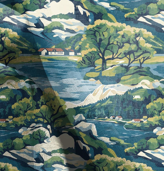 100% LINEN Fabric Swedish archipelago scenery, linen fabric with blue green print, heavy linen fabric for upholstery home decor tablecloth
