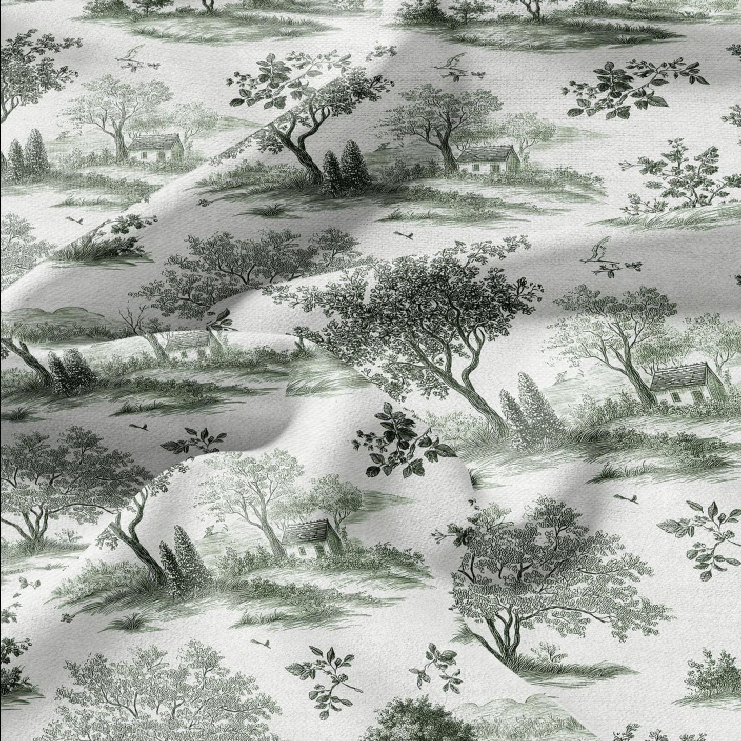 100% LINEN Fabric Countryside landscape - toile de jouy green white print linen heavy upholstery home decor - medium for dress making 3019