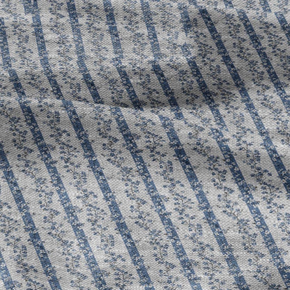 100% LINEN Fabric floral stripe block print on oatmeal linen - blue gray heavy fabric for upholstery - medium weight linen dress making 2502