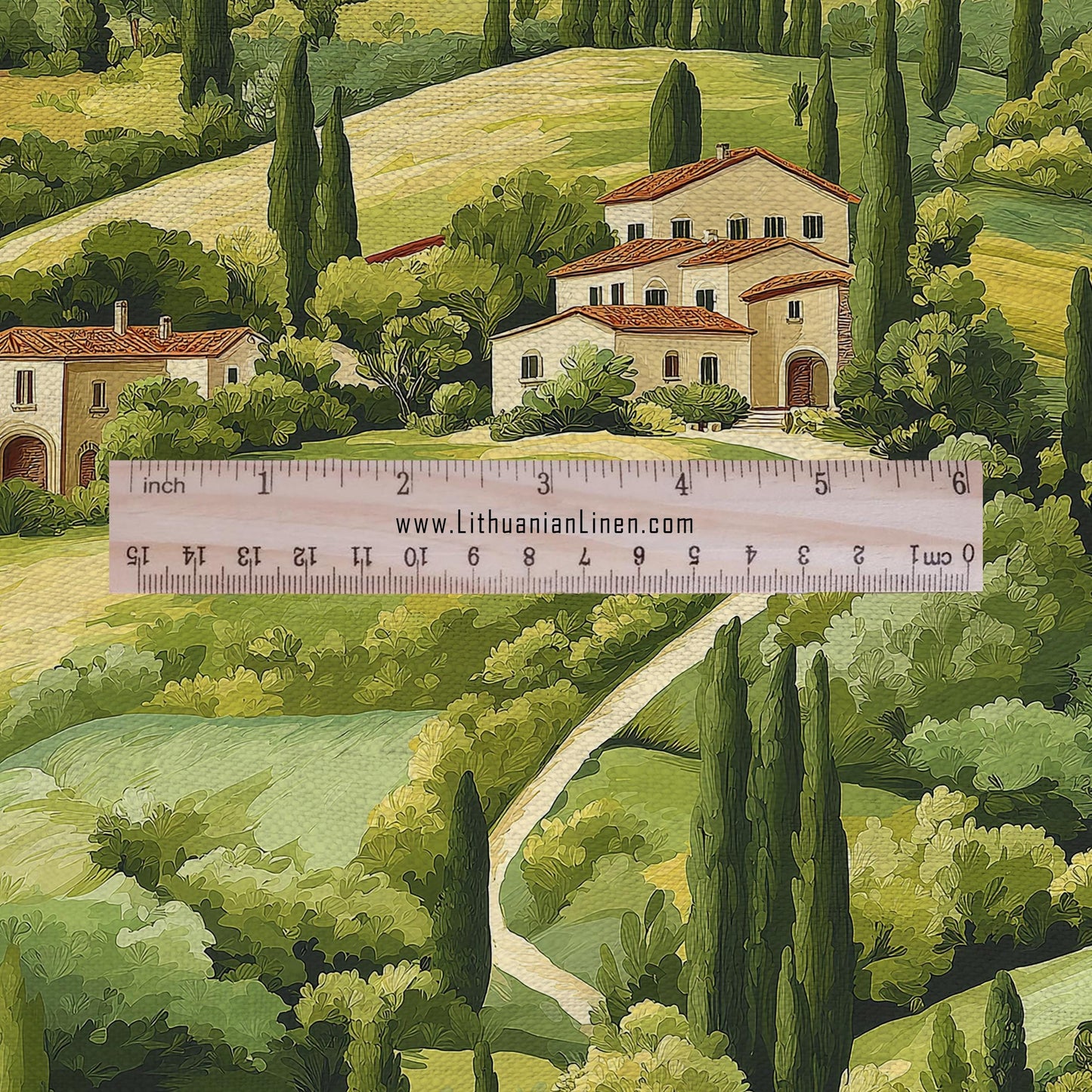 100% LINEN Fabric Italian Tuscany scenery, linen fabric with green print, heavy linen fabric for upholstery home decor tablecloth