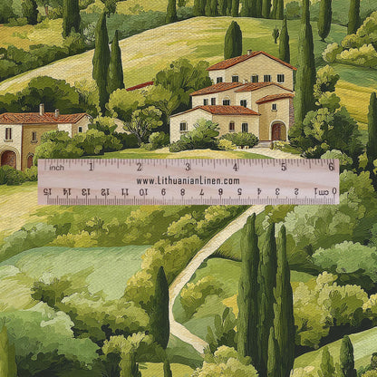 100% LINEN Fabric Italian Tuscany scenery, linen fabric with green print, heavy linen fabric for upholstery home decor tablecloth