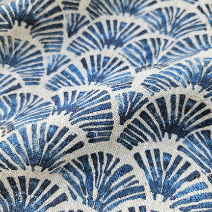 100% LINEN Fabric block print indigo blue white Japandi - Japanese fabric abstract fan print linen upholstery dressmaking sewing 2611