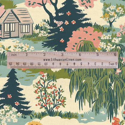 100% LINEN Fabric Country side - Village lanscape for upholstery dressmaking curtains home textile Art Nouveau 2133