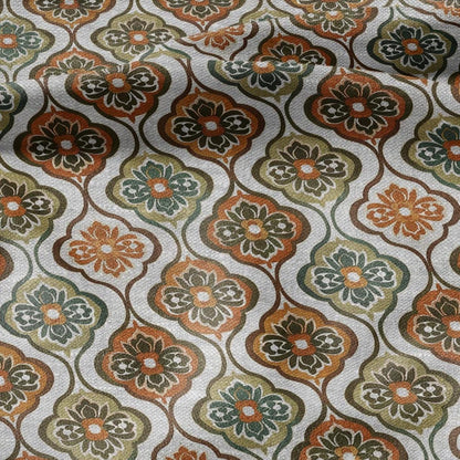 100% LINEN Fabric Retro orange green gray - floral print on oatmeal linen for home decor sewign dress clothing 2868