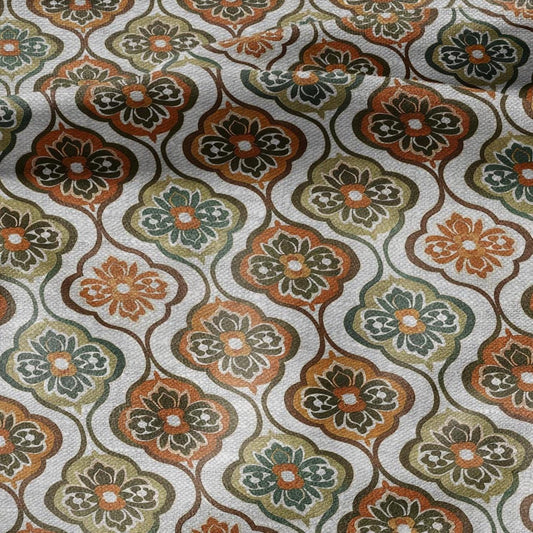 100% LINEN Fabric Retro orange green gray - floral print on oatmeal linen for home decor sewign dress clothing 2868