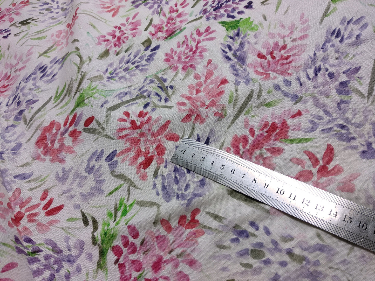 100% linen fabric Medium weight 150gsm  Prewashed . Print watercolor flower Lupin. for blouses, dresses, curtains, scarves,