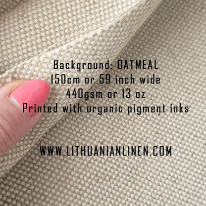 100% LINEN Fabric UPHOLSTERY 12oz - French block print blue on oatmeal linen - Modern vintage floral upholstery 305