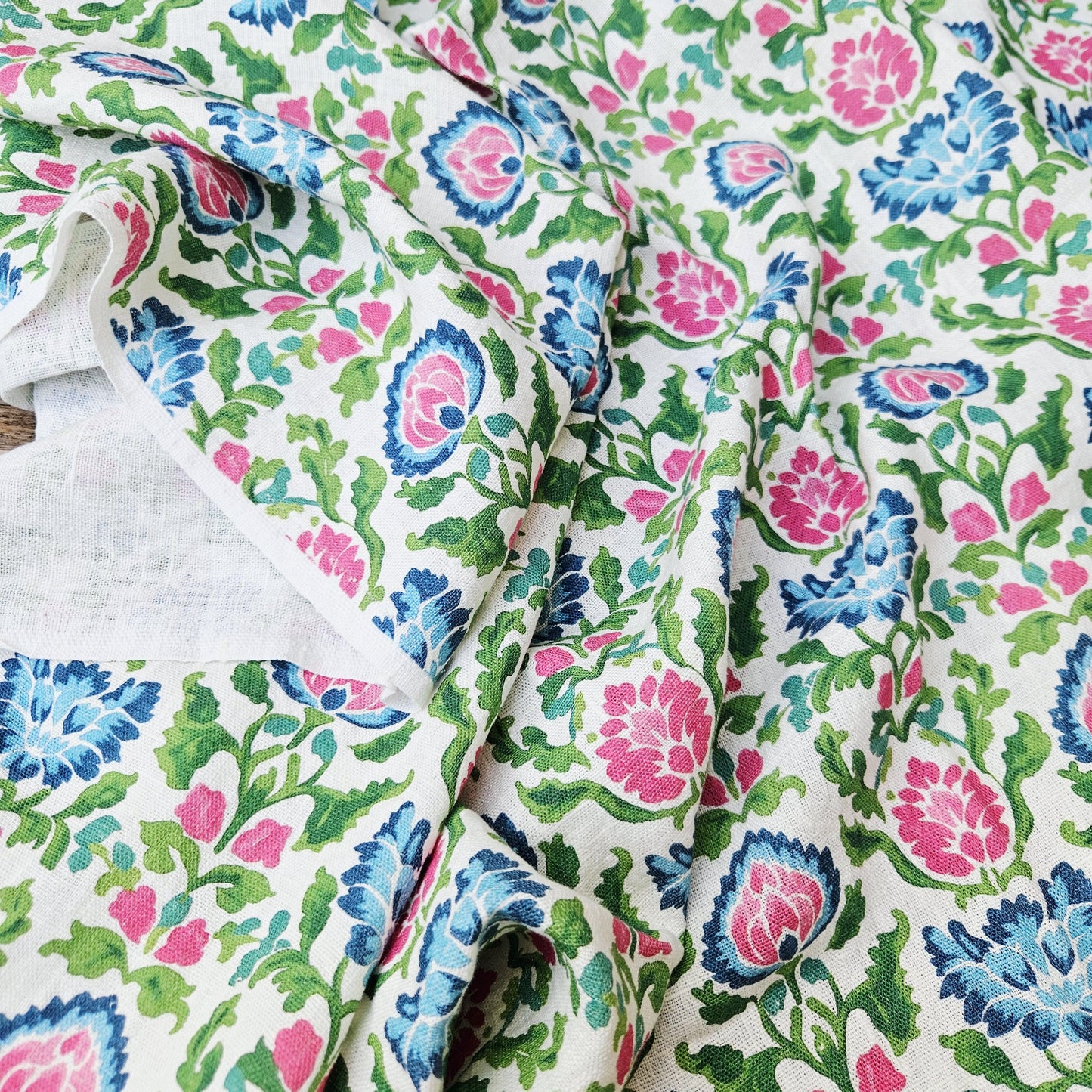 100% LINEN Fabric floral print on linen - Bright Botanical fabric large flowers pink blue green for upholstery curtains home textile 2646B