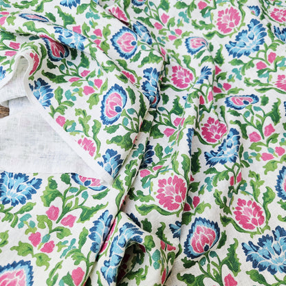 100% LINEN Fabric floral print on linen - Bright Botanical fabric large flowers pink blue green for upholstery curtains home textile 2646B