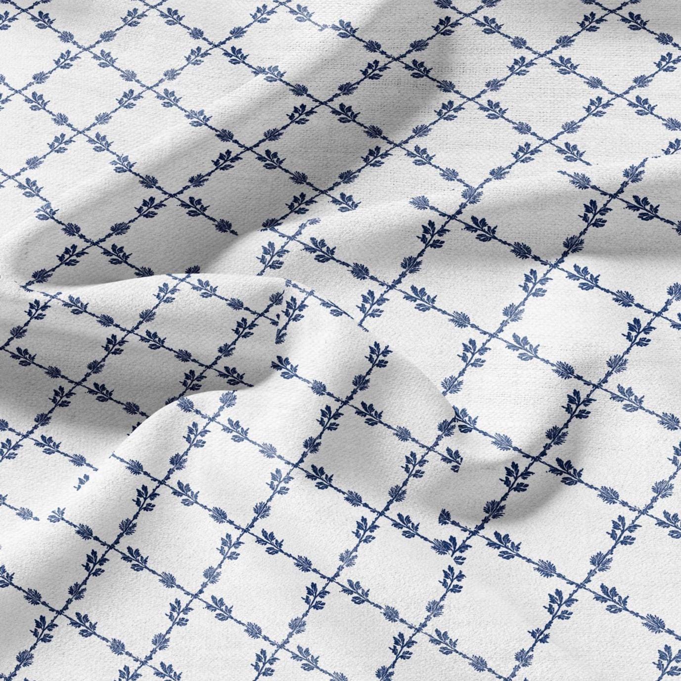 100% LINEN Fabric Herritage Lattice blue print - on oatmeal or white linen for upholstery curtains dress making 2953