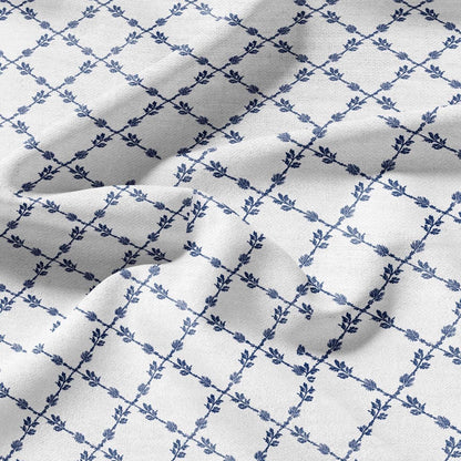 100% LINEN Fabric Herritage Lattice blue print - on oatmeal or white linen for upholstery curtains dress making 2953