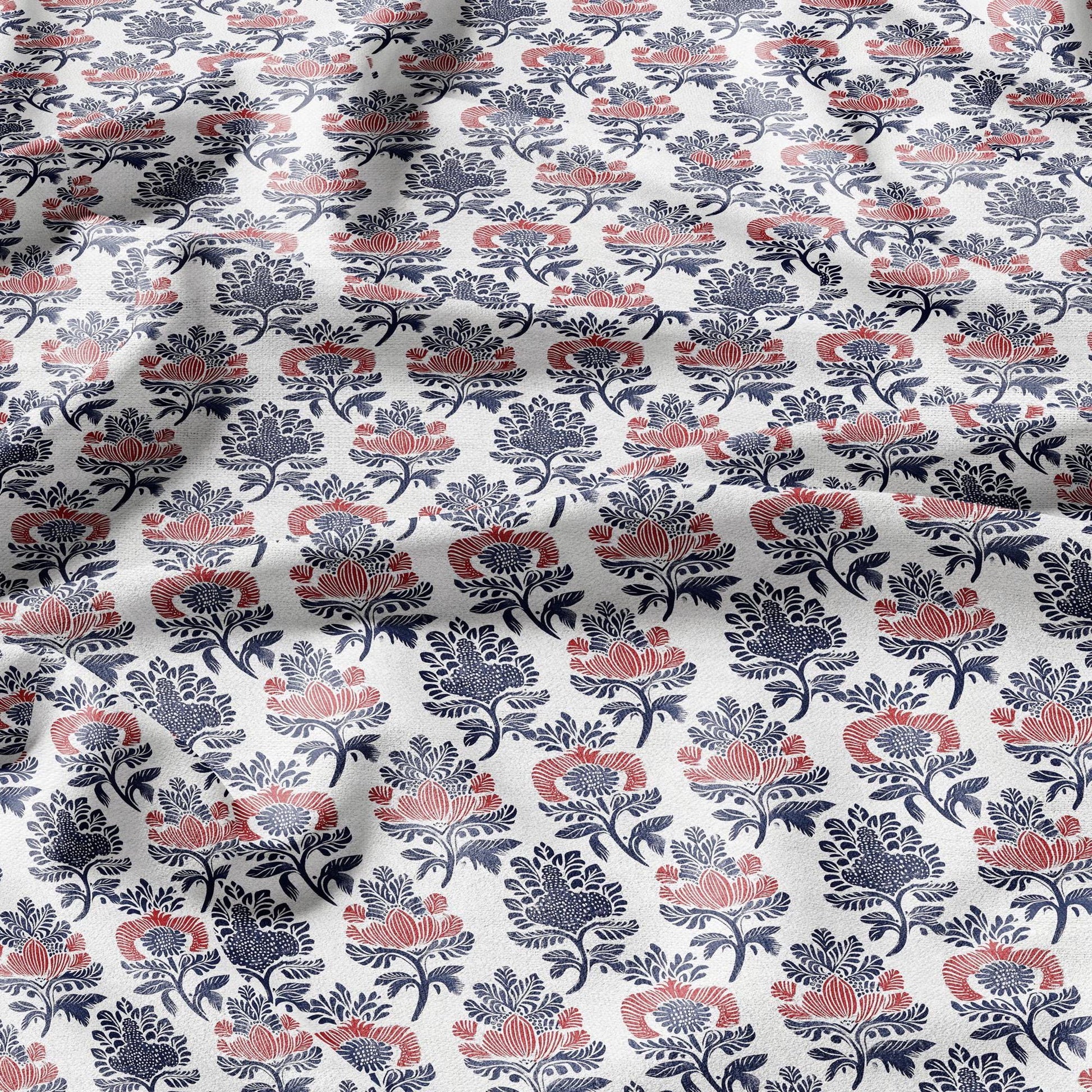 100% LINEN Fabric block print - linen fabric with blue red white floral print - heavy linen fabric for upholstery home decor