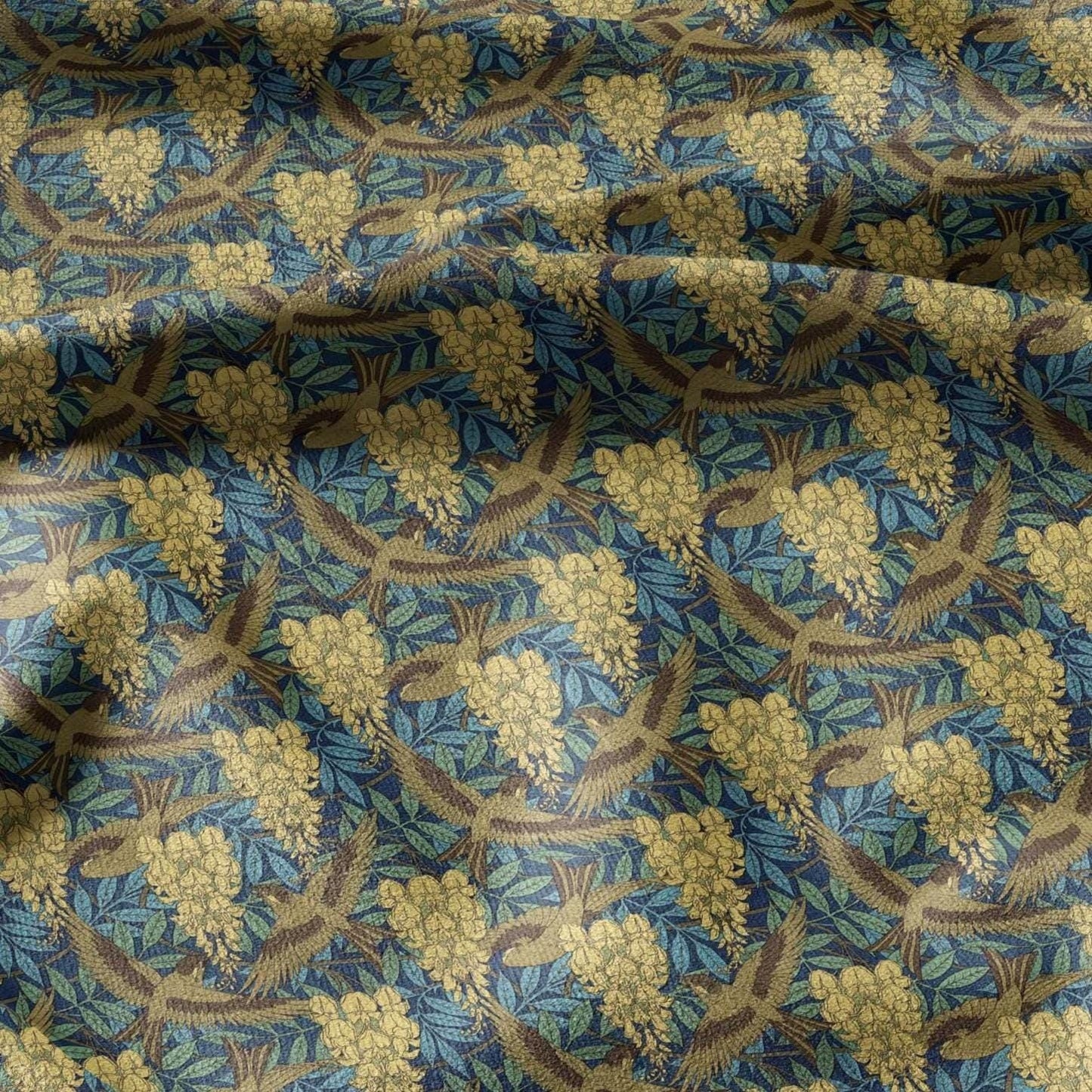 100% LINEN Fabric Dandelion flower print - Art Nouveau  Sparrows green yellow - heavy home decor light upholstery - medium dress sewing 2463
