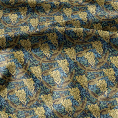 100% LINEN Fabric Dandelion flower print - Art Nouveau  Sparrows green yellow - heavy home decor light upholstery - medium dress sewing 2463