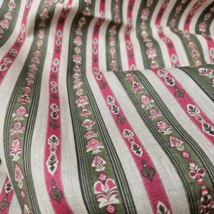 100% LINEN Fabric ethno stripe print - tribal green red print on linen print upholstery curtains dress making
