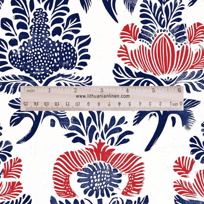 100% LINEN Fabric block print - linen fabric with blue red white floral print Brunkula - heavy linen fabric for upholstery home decor