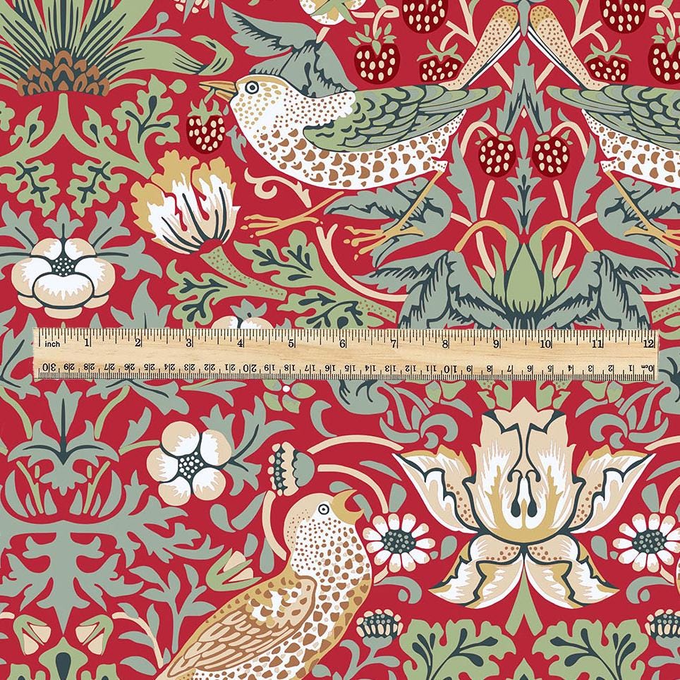 100% LINEN fabric - William Morris Strawberry thief red - British Victorian Art Craft flax - sewing home decor or clothing 3862