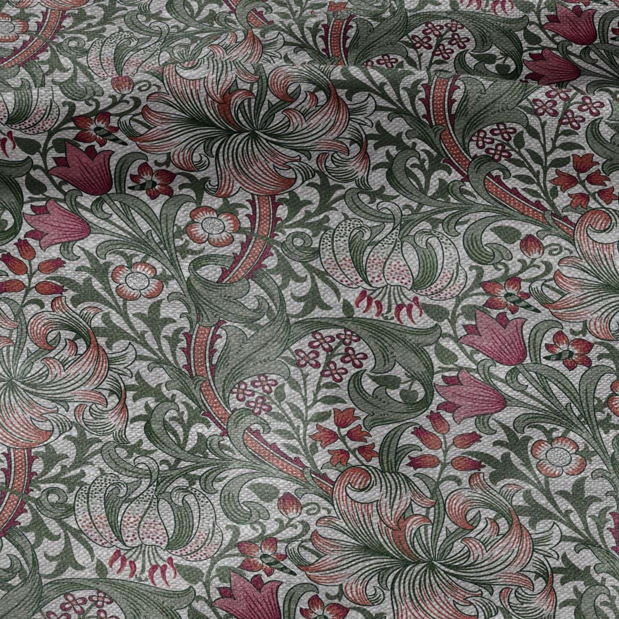 100% LINEN Fabric William Morris Golden Lily - oatmeal linen fabric with botanical print - Victorian Art Craft Historical green red 3230
