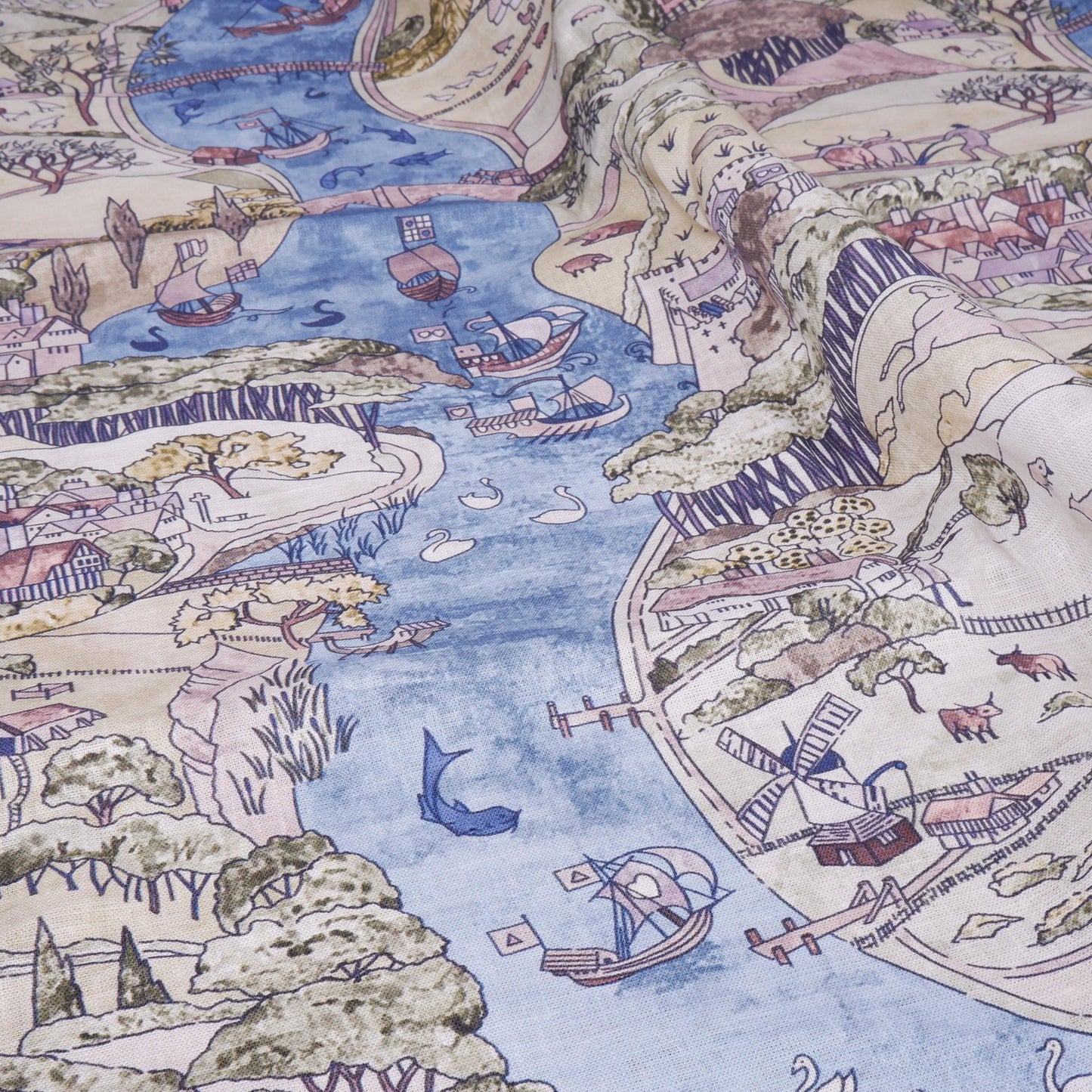 100% linen fabric - River Landscape Countryside - Victorian Art crafts - Historical pattern for upholstery dress making 2996