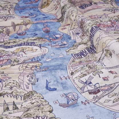 100% linen fabric - River Landscape Countryside - Victorian Art crafts - Historical pattern for upholstery dress making 2996