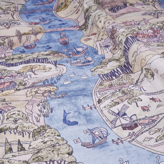 100% linen fabric - River Landscape Countryside - Victorian Art crafts - Historical pattern for upholstery dress making 2996