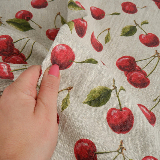 100% LINEN Fabric Red Cherry - Modern vintage Berry print on oatmeal linen for home decor sewing dress clothing 2941