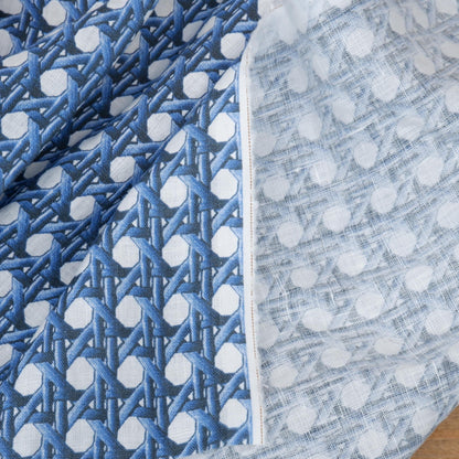 100% LINEN Fabric Blue bamboo trellis - botanical textile artisan fabrics blue white 3687