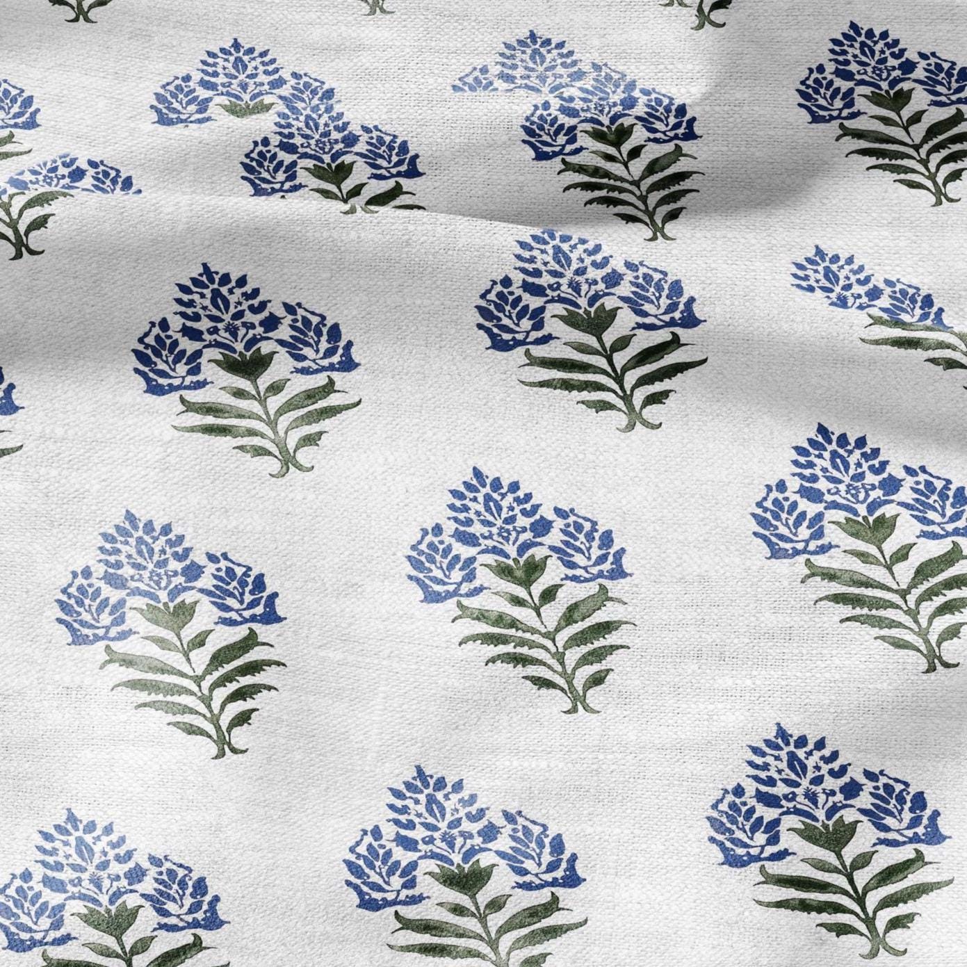 100% LINEN Fabric Block print Parijat flower - botanical upholstery home textile artisan fabrics blue green white 2755