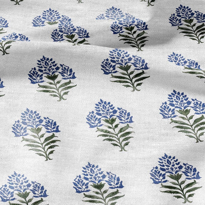 100% LINEN Fabric Block print Parijat flower - botanical upholstery home textile artisan fabrics blue green white 2755