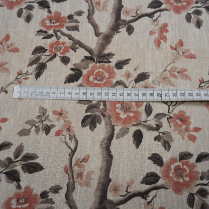 100% LINEN Fabric block print - oatmeal linen fabric with pink brown floral print - fabric for upholstery home decor or dressmaking 2039