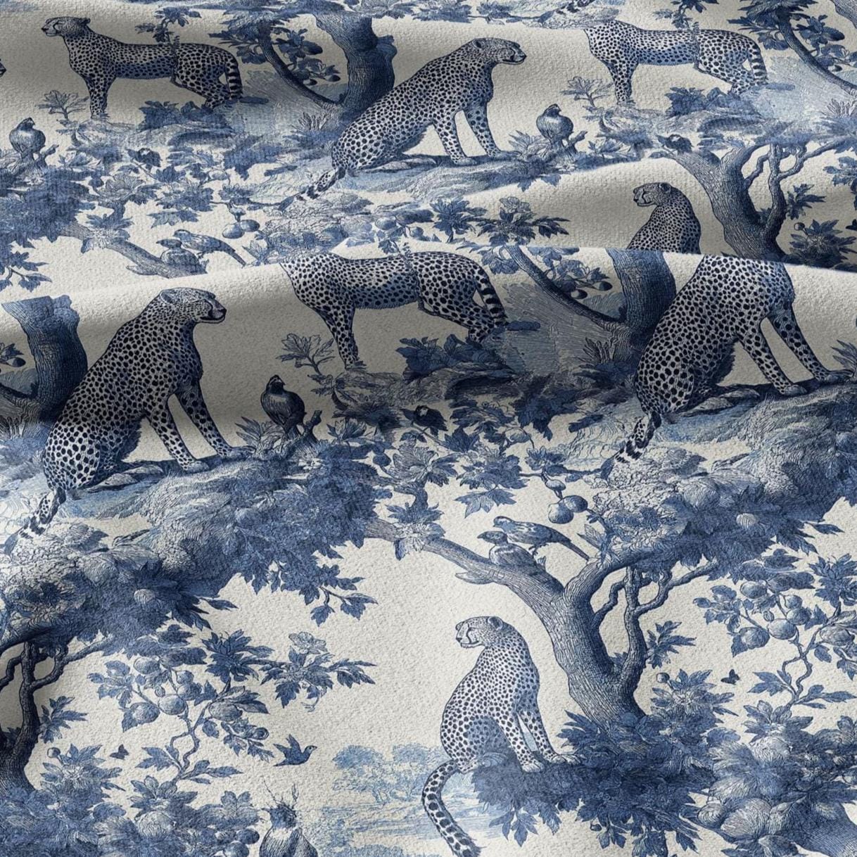 100% linen fabric Leopard print - Vintage toile de jouy blue botanical  - Historical pattern upholstery dress making 3343