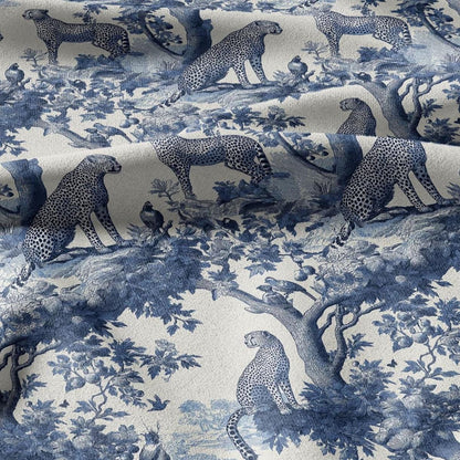 100% linen fabric Leopard print - Vintage toile de jouy blue botanical  - Historical pattern upholstery dress making 3343