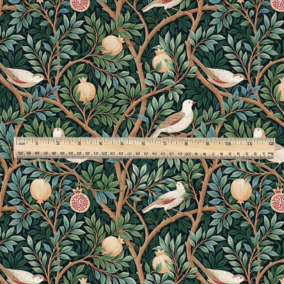 100% linen fabric green pomegranate tree with birds print - Vintage toile de jouy botanical - modern vintage 3388