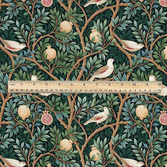 100% linen fabric green pomegranate tree with birds print - Vintage toile de jouy botanical - modern vintage 3388