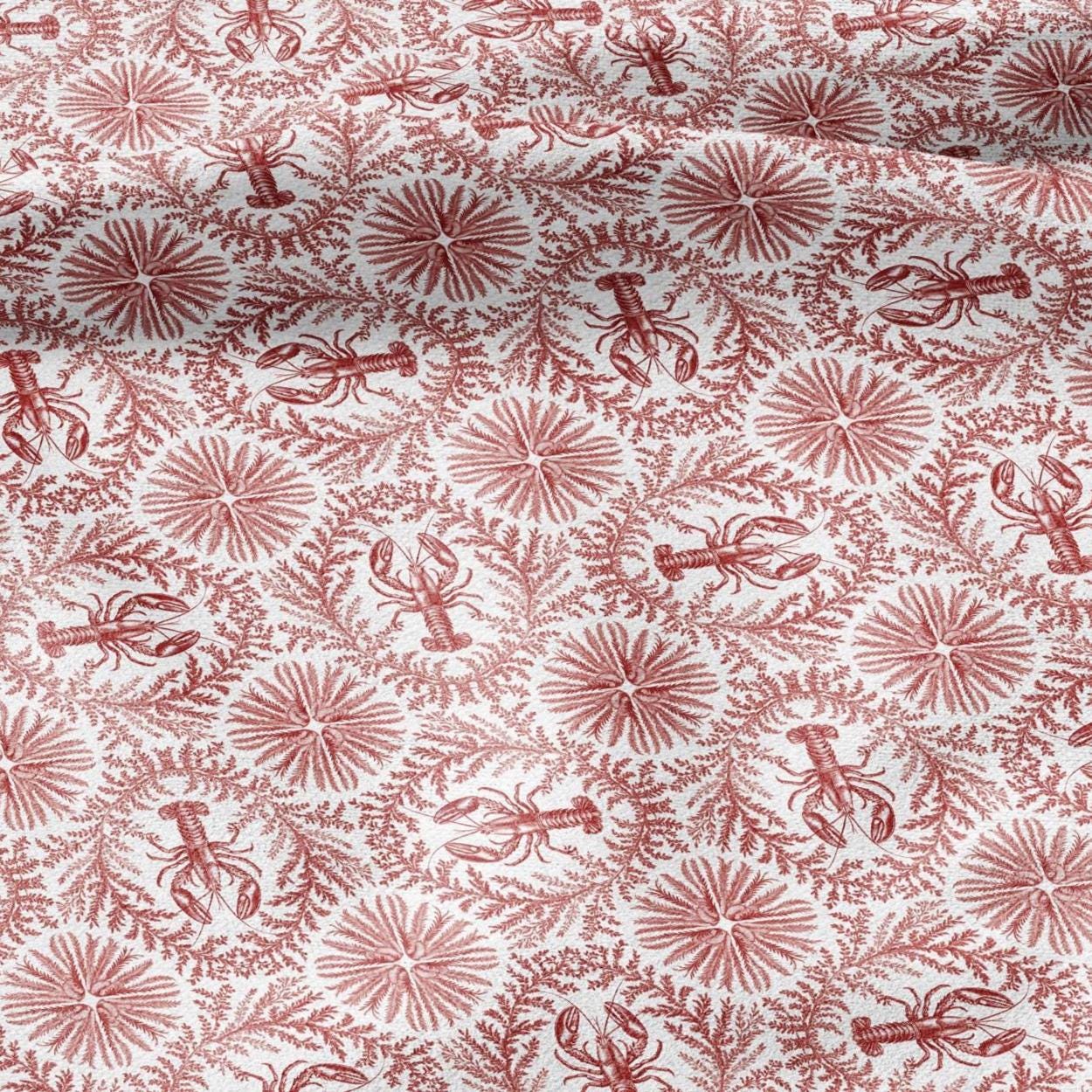 100% LINEN Fabric Red lobster print on white linen - Food print pattern on flax fabric for uphlstery heavy / medium for clothing 2573