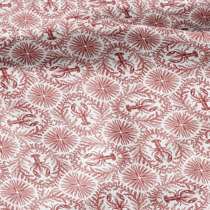 100% LINEN Fabric Red lobster print on white linen - Food print pattern on flax fabric for uphlstery heavy / medium for clothing 2573