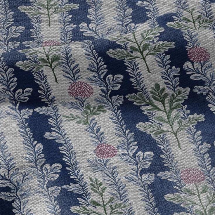 100% LINEN Fabric blue floral blossom print - oatmeal linen fabric with stripe botanical print - modern vintage 3092