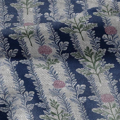 100% LINEN Fabric blue floral blossom print - oatmeal linen fabric with stripe botanical print - modern vintage 3092