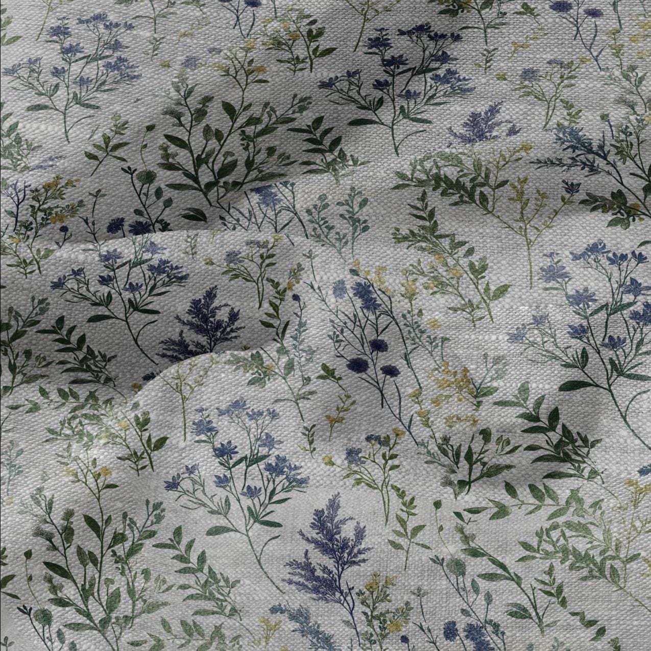 100% LINEN Fabric meadow flowers blue print - botanical floral on oatmeal linen - modern vintage 3038