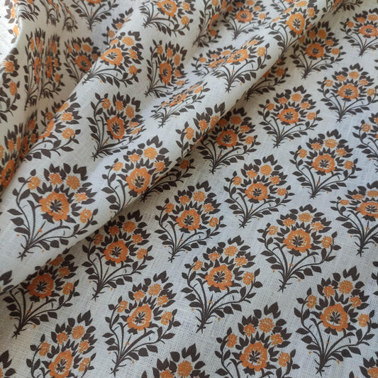 100% LINEN Fabric Floral block print mustard, heavy linen fabric with botanical print for upholstery home decor curtains cushions