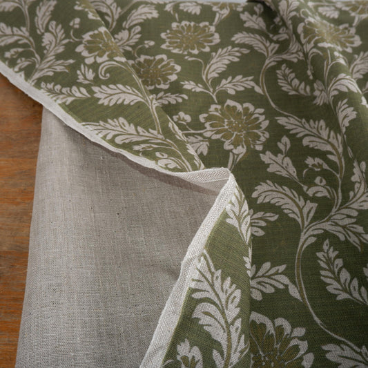 100% LINEN Fabric green floral block print on oatmeal natur linen - botanical greenery toile de jouy fabric, French linen floral upholstery