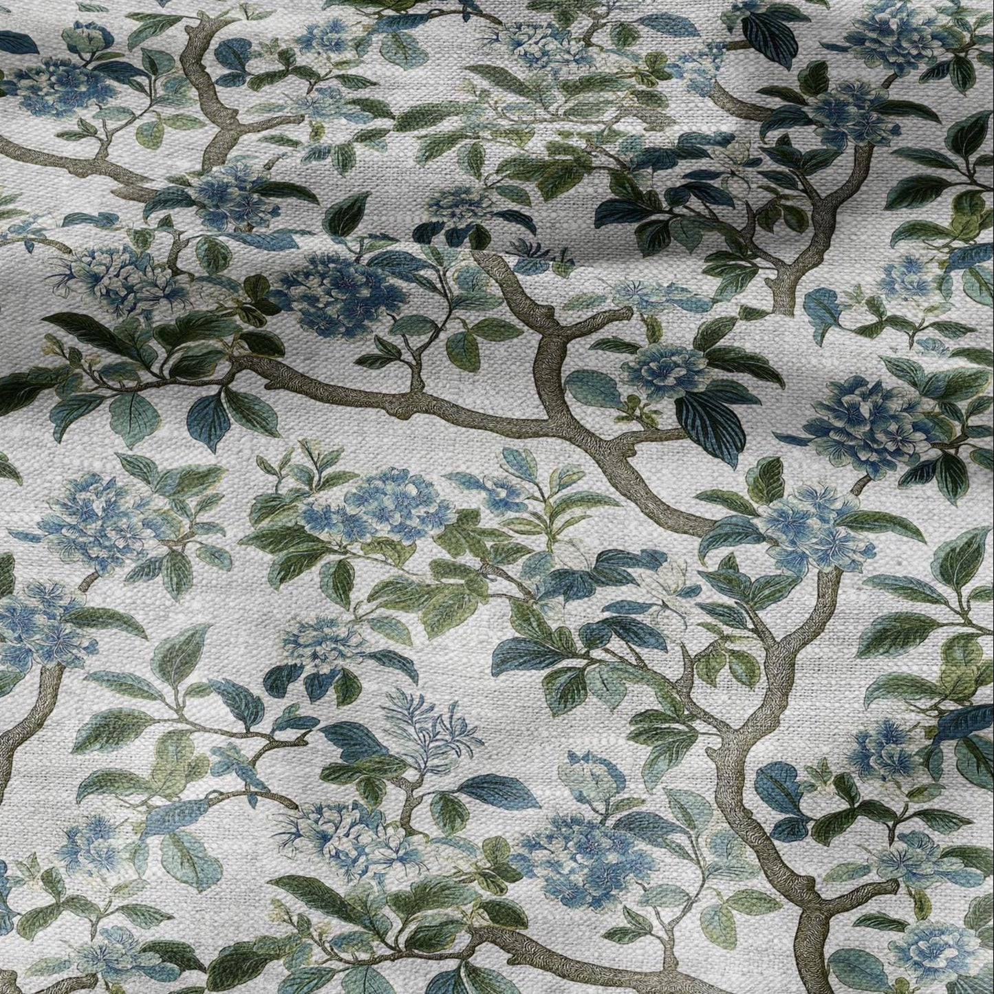100% LINEN Fabric tropical flower print - floral green blue gray print on oatmeal linen for home decor sewing dress clothing 2370