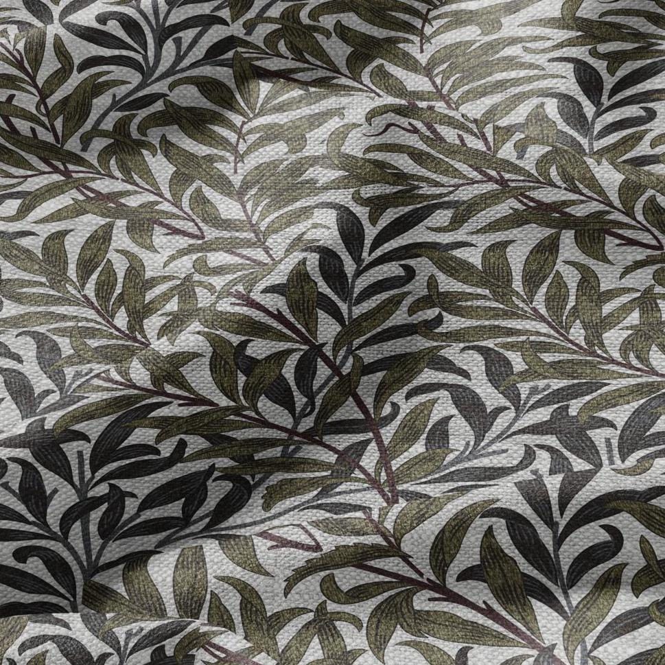 100% LINEN Fabric William Morris Bough Willow khaki gray - oatmeal linen fabric with botanical print - Victorian Art Craft Historical 3217