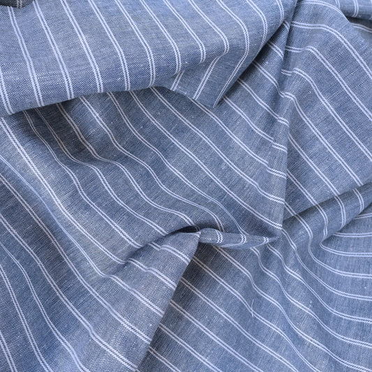 100% linen fabric 200gsm Striped white - blue. Medium weight, dense. For dresses, blouses, trousers, skirts