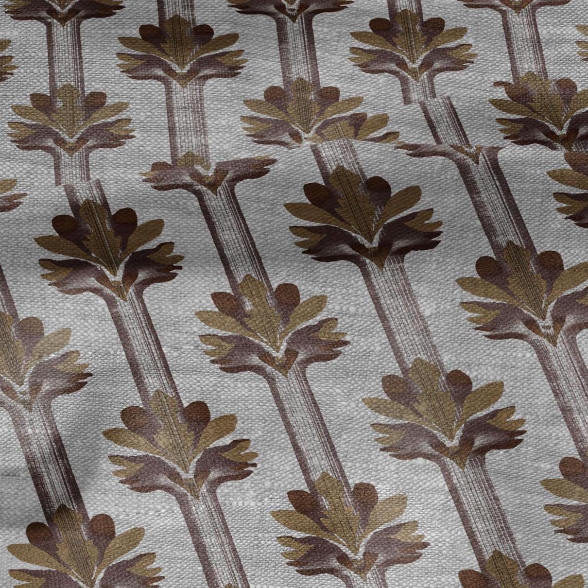 100% LINEN Fabric Art deco floral stripe print - botanical brown floral on oatmeal linen - modern vintage 3136